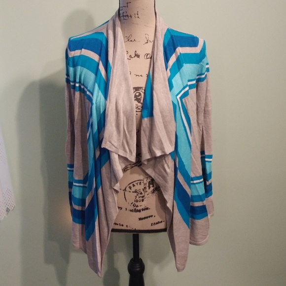 Sweaters - BLUE TURQUOISE AND GRAY ASYMMETRICAL CARDIGAN LG
